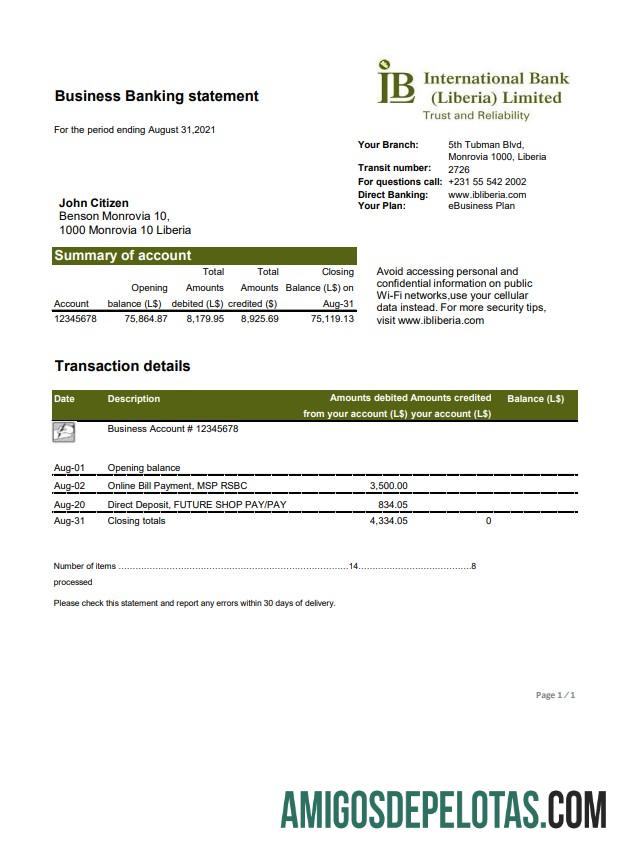 Liberia IB International Bank Excel Pdf modelo